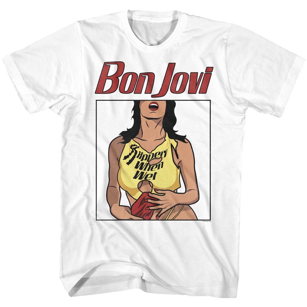 BON JOVI-SLIPPERY WHEN WET-WHITE ADULT S/S TSHIRT