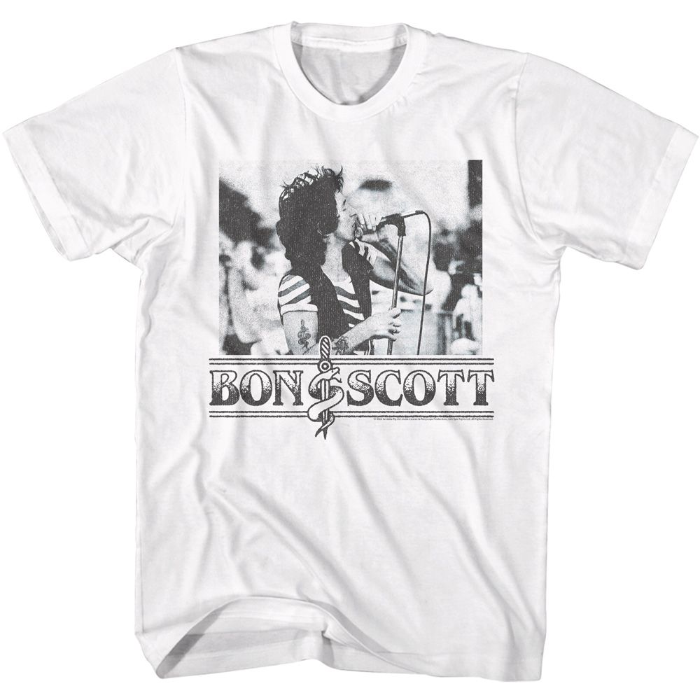 BON SCOTT-BON SCOTT SINGING WITH MICROPHONE-WHITE ADULT S/S TSHIRT