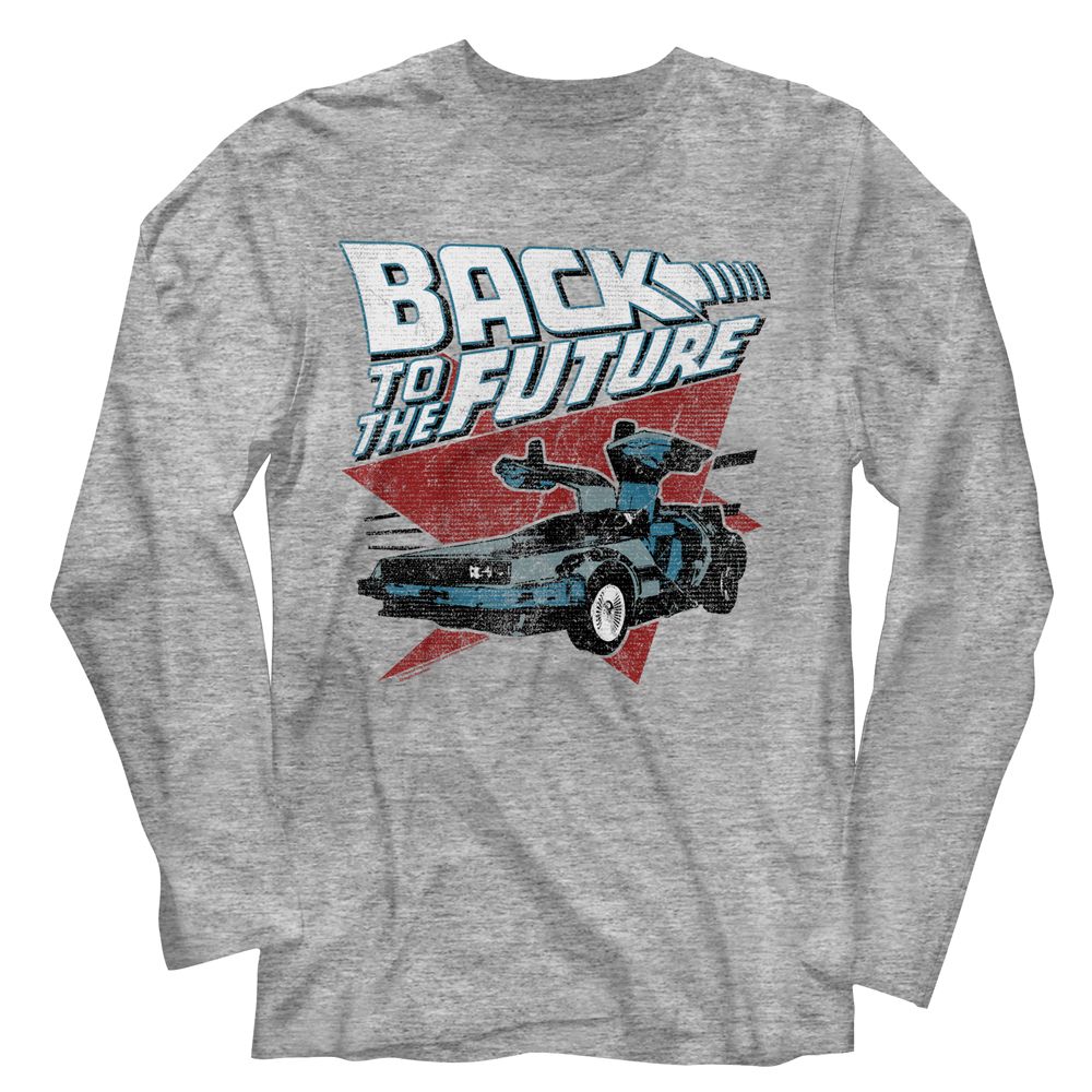 BACK TO THE FUTURE-LOGO TRAINGLE CAR-GRAY HEATHER ADULT L/S TSHIRT