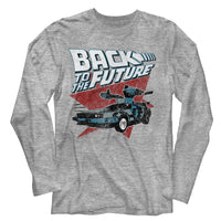 Thumbnail for BACK TO THE FUTURE-LOGO TRAINGLE CAR-GRAY HEATHER ADULT L/S TSHIRT