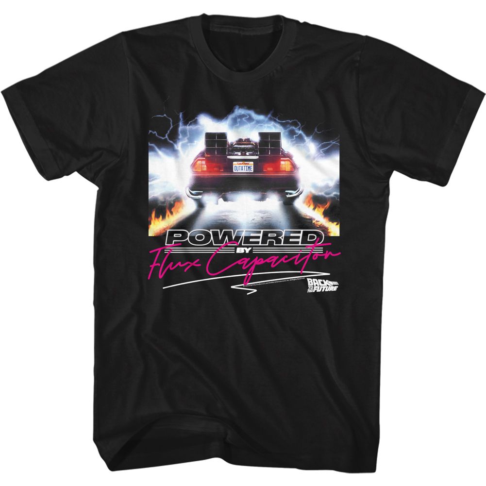 BACK TO THE FUTURE-POWERED BY FLUX-BLACK ADULT S/S TSHIRT