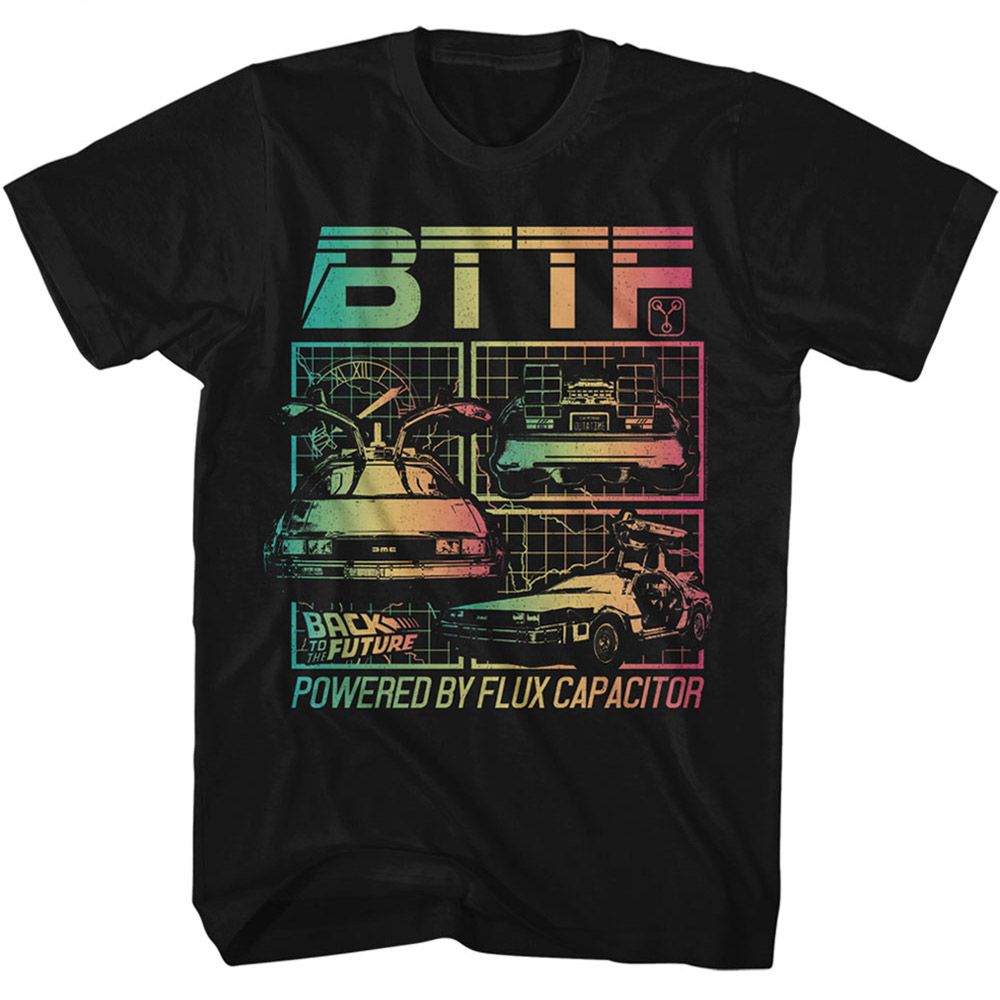 BACK TO THE FUTURE-BACK TO THE FUTURE POWERED BY FLUX CAPACITOR-BLACK ADULT S/S TSHIRT