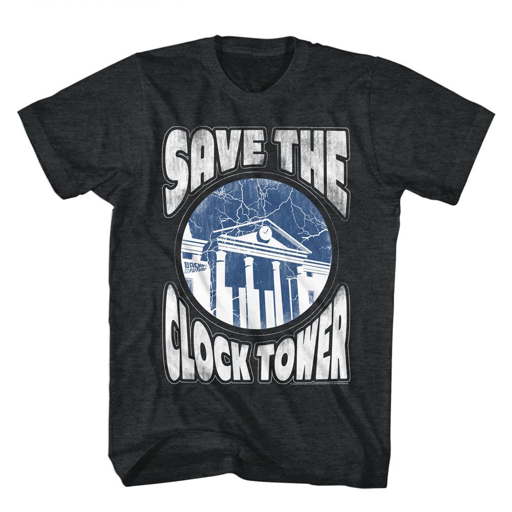 BACK TO THE FUTURE-BTTF SAVE CLOCKTOWER-BLACK HEATHER ADULT S/S TSHIRT
