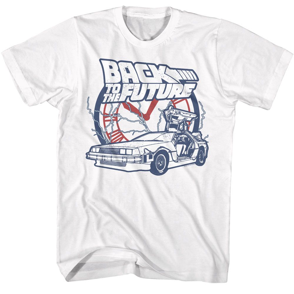 BACK TO THE FUTURE-BACK TO THE FUTURE CLOCK AND LIGHTNING-WHITE ADULT S/S TSHIRT