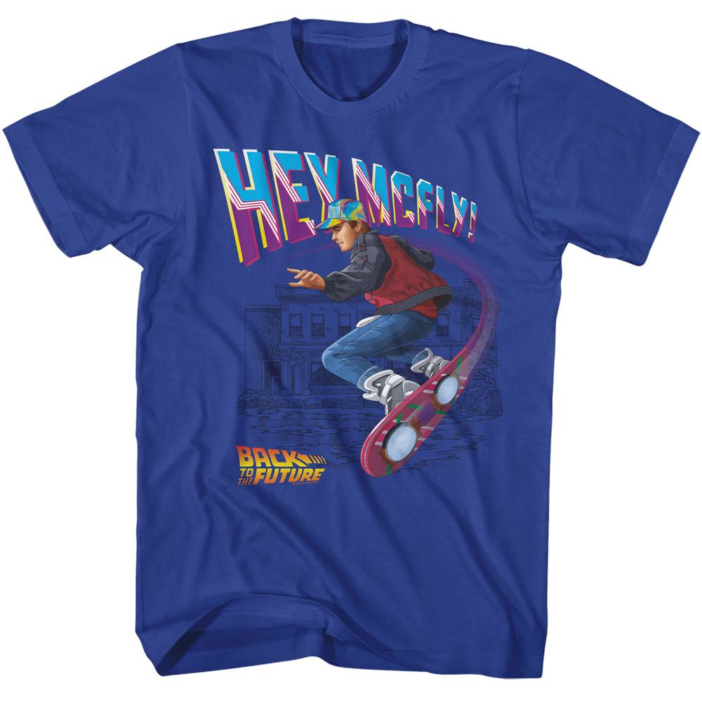 BACK TO THE FUTURE-BTTF HEY MCFLY FLYING HOVERBOARD-ROYAL ADULT S/S TSHIRT