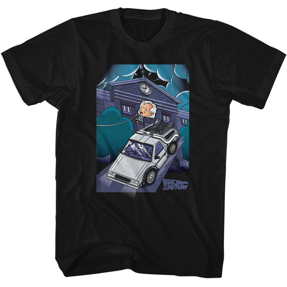 BACK TO THE FUTURE-BTTF CUTE CARTOON DOC AND CLOCK TOWER-BLACK ADULT S/S TSHIRT