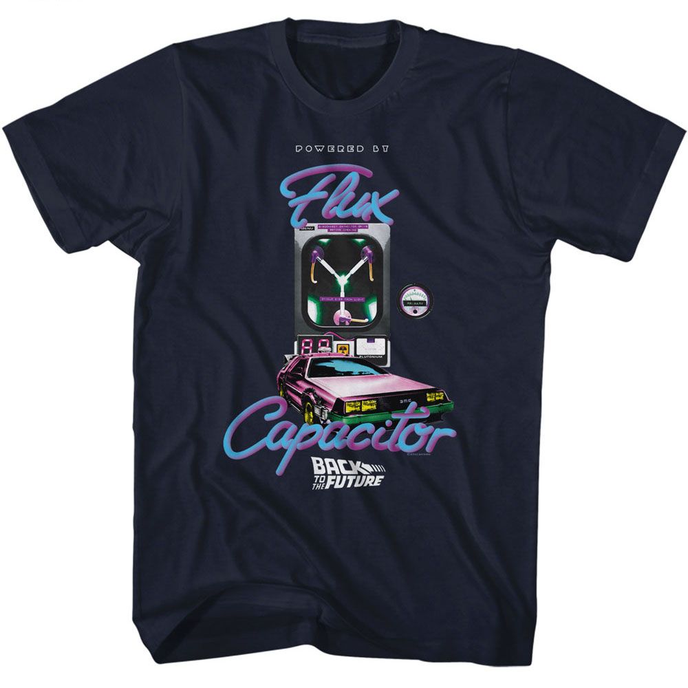 BACK TO THE FUTURE-BTTF POWERED BY FLUX CAPACITOR-NAVY ADULT S/S TSHIRT