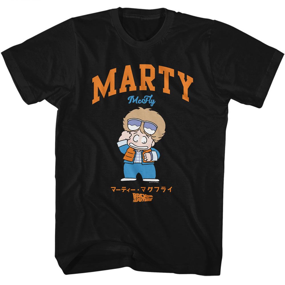 BACK TO THE FUTURE-BTTF MARTY CARTOON CHARACTER-BLACK ADULT S/S TSHIRT