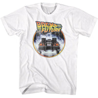 Thumbnail for BACK TO THE FUTURE-BTTF LOGO AND CAR CIRCLE-WHITE ADULT S/S TSHIRT