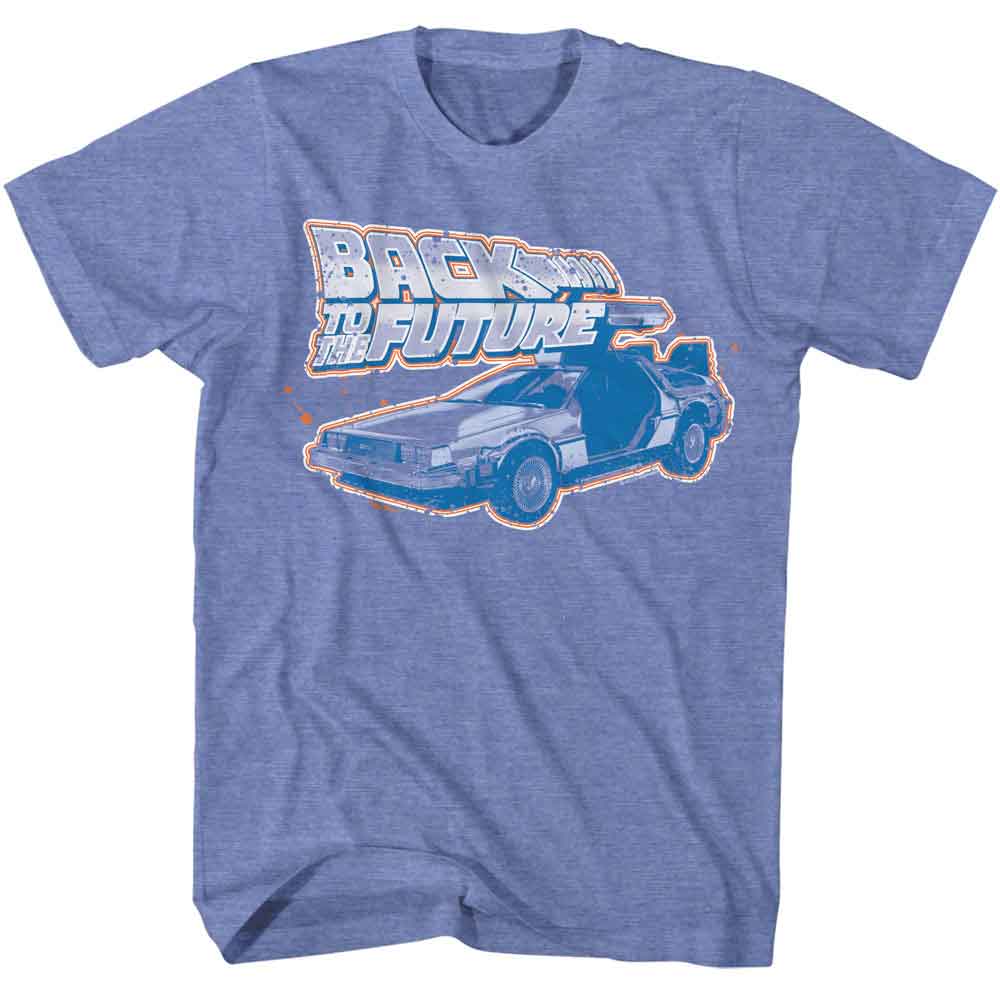 BACK TO THE FUTURE-BTTF LOGO AND CAR-LIGHT BLUE HEATHER ADULT S/S TSHIRT