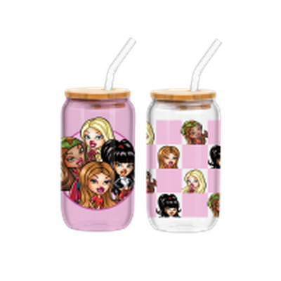 Bratz Girls Night Out Circle Badge and Checkerboard Pink  2pk 16oz Glass Tumbler w Bamboo Lid and Glass Straw Set – 12 pc ppk ($13.00 each)