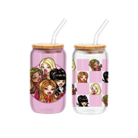 Thumbnail for Bratz Girls Night Out Circle Badge and Checkerboard Pink  2pk 16oz Glass Tumbler w Bamboo Lid and Glass Straw Set – 12 pc ppk ($13.00 each)