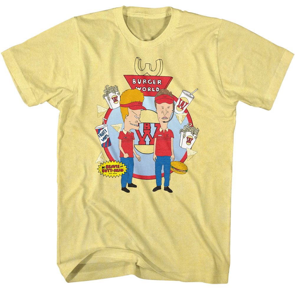 BEAVIS AND BUTTHEAD-BURGER WORLD-YELLOW HEATHER ADULT S/S TSHIRT