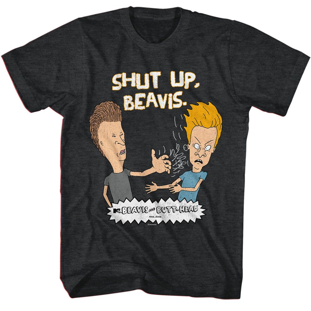BEAVIS AND BUTTHEAD-SHUT UP BEAVIS-BLACK HEATHER ADULT S/S TSHIRT