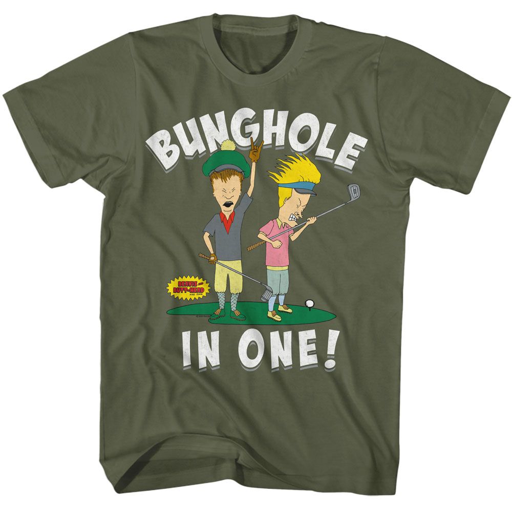 BEAVIS AND BUTTHEAD-BEAVIS AND BUTTHEAD BUNGHOLE IN ONE-MILITARY GREEN ADULT S/S TSHIRT