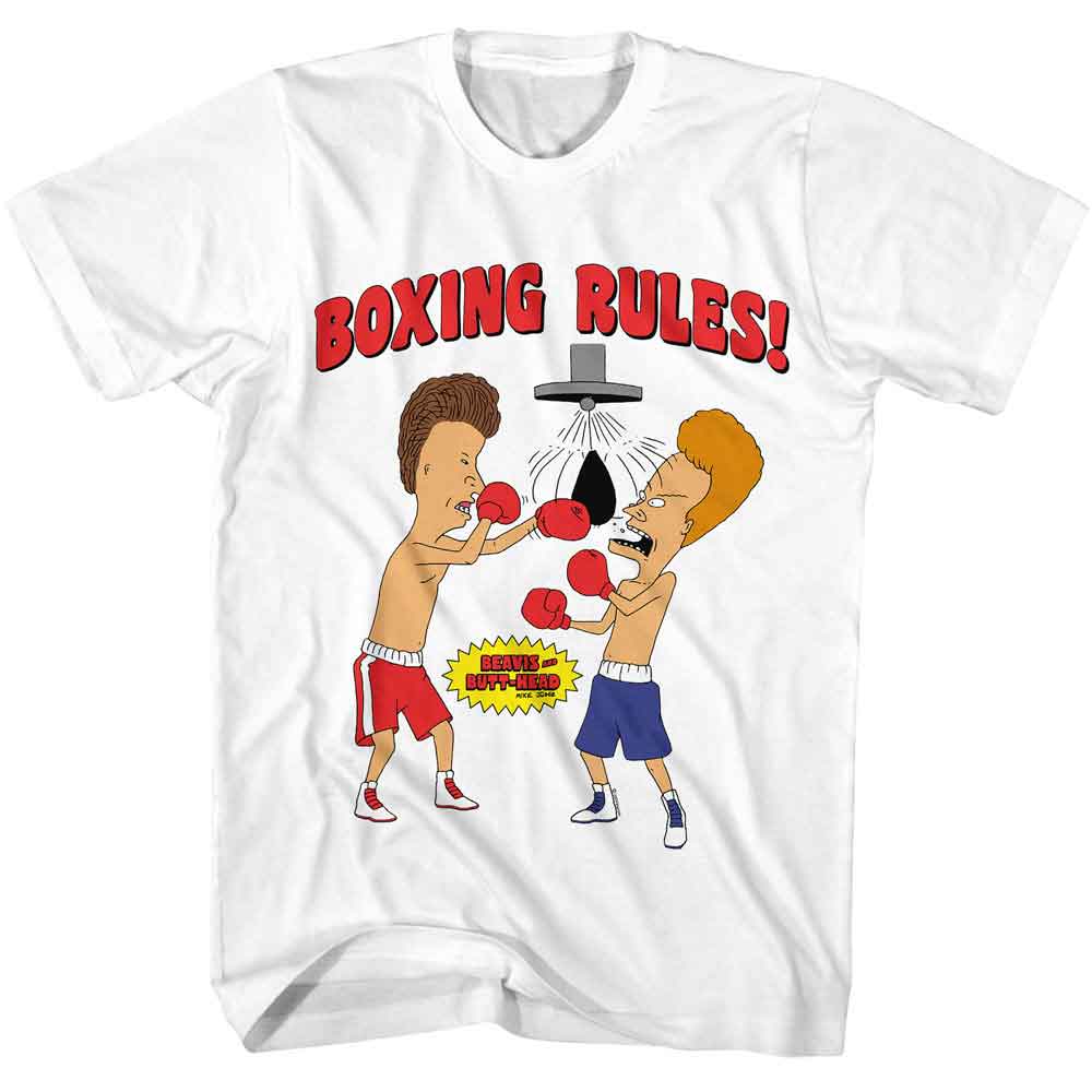 BEAVIS AND BUTTHEAD-BEAVIS AND BUTTHEAD BOXING RULES-WHITE ADULT S/S TSHIRT