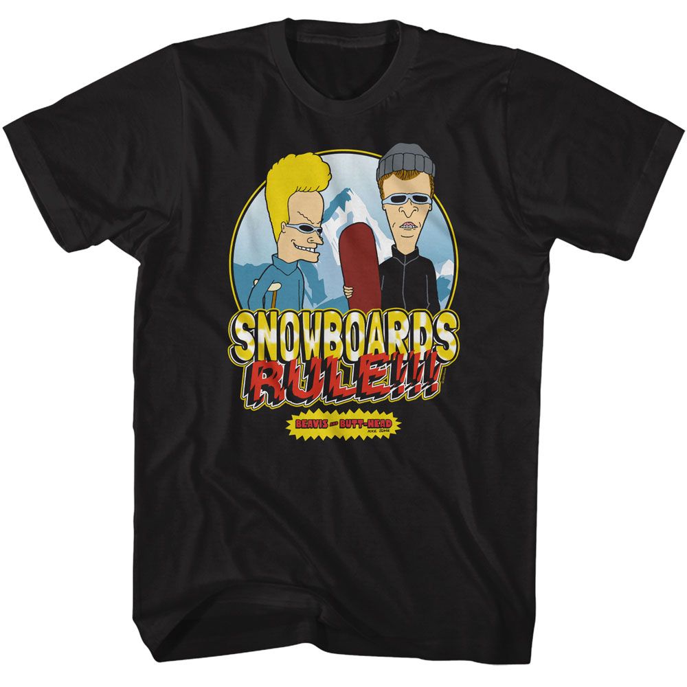BEAVIS AND BUTTHEAD-BNB SNOWBOARDS RULE-BLACK ADULT S/S TSHIRT