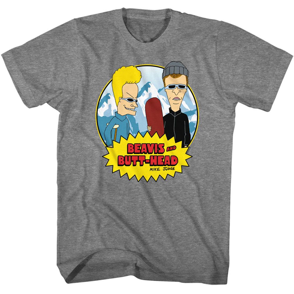BEAVIS AND BUTTHEAD-BEAVIS AND BUTTHEAD SNOWBOARDS-GRAPHITE HEATHER ADULT S/S TSHIRT