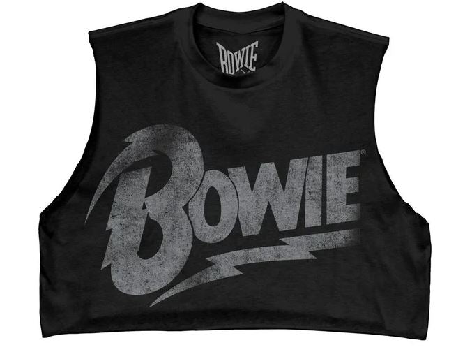 DAVID BOWIE DISTRESSED LOGO BLACK CROP JUNIORS TSHIRT