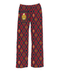 Thumbnail for Butterbeer-themed pajama pants featuring vintage-style Butterbeer mug patterns in red, gold, and navy colors, perfect for Harry Potter fans.