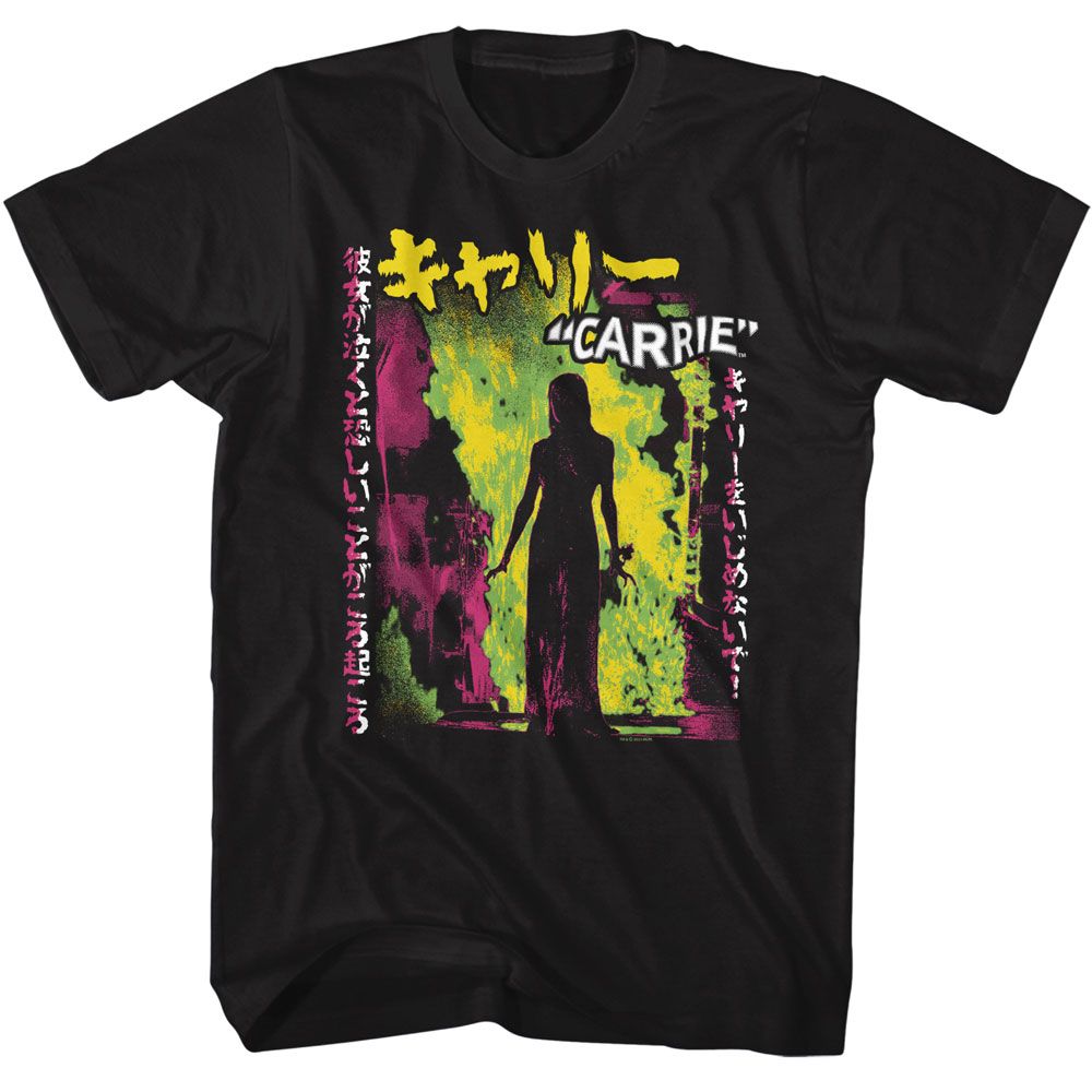 CARRIE NEON-CARRIE NEON FIRE JAPANESE TEXT-BLACK ADULT S/S TSHIRT