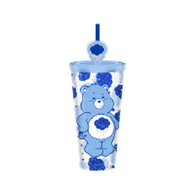 Grumpy Bear Pose Cloud Hearts Glitter  24oz Plastic Cold Cup w/ Lid and Topper Straw – 12 pc ppk ($7.00 each)