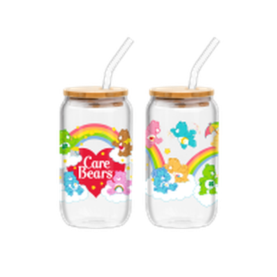 Care Bears Legacy Guide Rainbow Group and Logo  2pk 16oz Glass Tumbler w Bamboo Lid and Glass Straw Set – 12 pc ppk ($12.50 each)