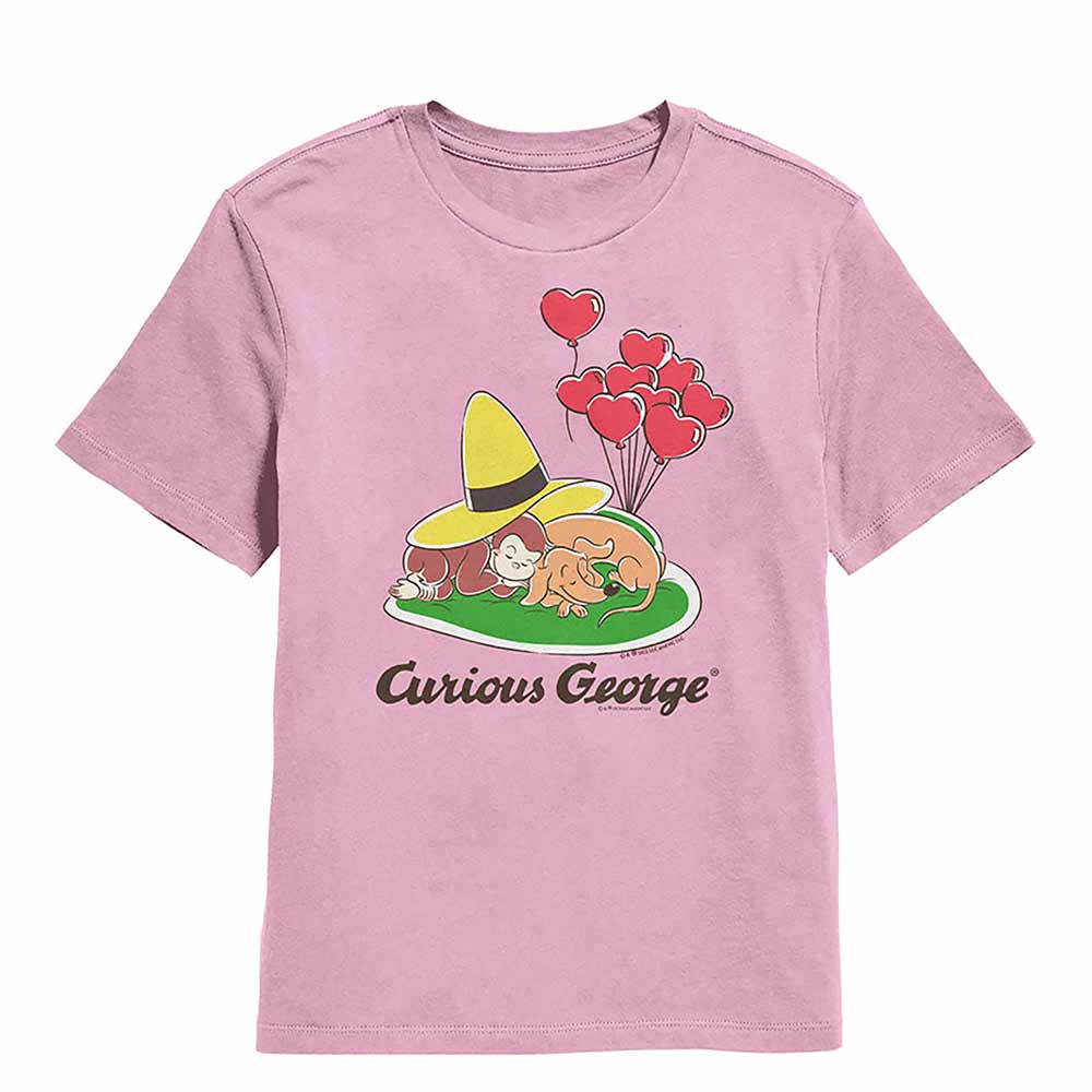 Curious George Heart Balloons And Dog Light Pink Kids T-Shirt