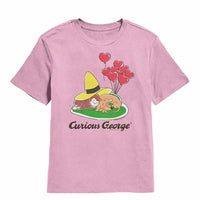 Thumbnail for Curious George Heart Balloons And Dog Light Pink Kids T-Shirt