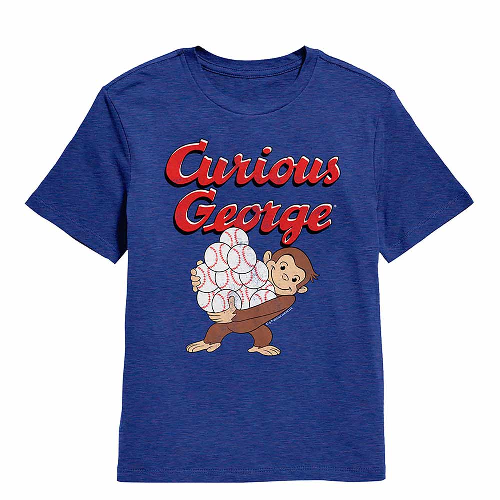 Curious George With Baseballs Royal Heather Kids T-Shirt