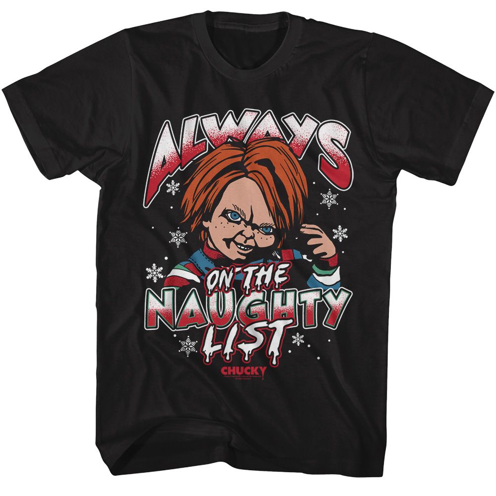 CHUCKY-CHUCKY NAUGHTY LIST-BLACK ADULT S/S TSHIRT