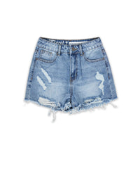 Thumbnail for Madison Women's Distressed High-Waist Denim Shorts - Blue
