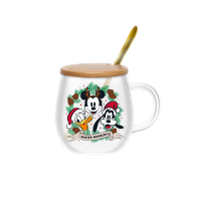 Disney Classic Trio  17oz Glass Mug w Lid and Spoon – 24 pc ppk ($10.00 each)