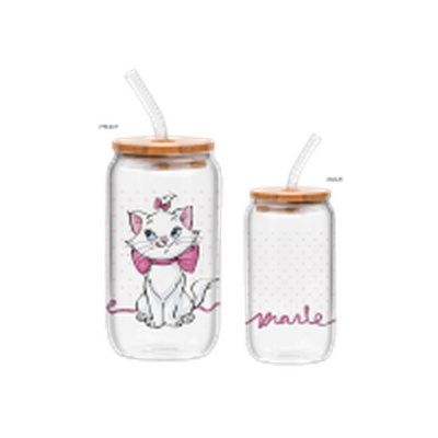 Disney Marie Pink Ribbons 16oz Glass Tumbler w Bamboo Lid and Glass Straw – 12 pc ppk ($6.00 each)