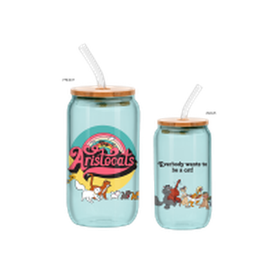Aristocats Circle Badge Group Walking  16oz Glass Tumbler w Bamboo Lid and Glass Straw – 12 pc ppk ($6.00 each)