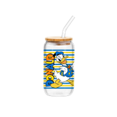 Donald Duck Stripes  16oz Glass Tumbler w Bamboo Lid and Glass Straw – 24 pc ppk ($6.00 each)