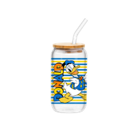 Thumbnail for Donald Duck Stripes  16oz Glass Tumbler w Bamboo Lid and Glass Straw – 24 pc ppk ($6.00 each)