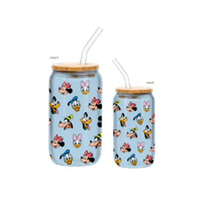 Mickey and Friends Color Connection Tossed Heads Pattern 16oz Glass Tumbler w Bamboo Lid and Glass Straw – 12 pc ppk ($6.00 each)