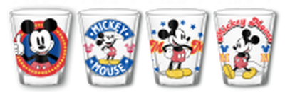 Disney Mickey Mouse vintage Badges 4pc. 1.5oz. Mini Glass Set 4x1 – 24 pc ppk ($6.00 each)