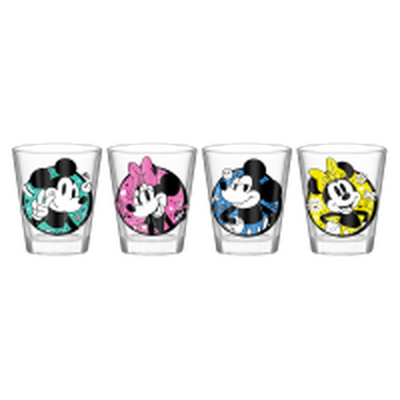 Mickey & Minnie Color Pop Circles  4pc. 1.5oz. Mini Glass Set 4x1 – 24 pc ppk ($6.00 each)