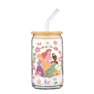Disney Princess Trio Floral Oval  16oz Glass Tumbler w Bamboo Lid and Glass Straw – 12 pc ppk ($6.00 each)