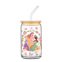 Thumbnail for Disney Princess Trio Floral Oval  16oz Glass Tumbler w Bamboo Lid and Glass Straw – 12 pc ppk ($6.00 each)