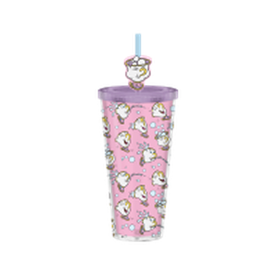 Beauty and the Beast Chip Bubbles Pattern 24oz Plastic Cold Cup w/ Lid and Topper Straw – 12 pc ppk ($6.50 each)