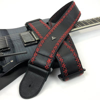 Thumbnail for BLACK SOFT GLOVE LEATHER WITH RED FANCY STITCH GUITAR STRAP