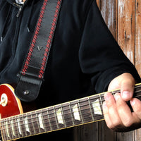 Thumbnail for BLACK SOFT GLOVE LEATHER WITH RED FANCY STITCH GUITAR STRAP