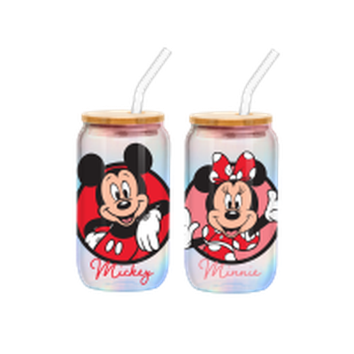 Mickey and Minnie Circle Frames Iridescent  2pk 16oz Glass Tumbler w Bamboo Lid and Glass Straw Set – 12 pc ppk ($14.25 each)