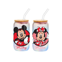 Thumbnail for Mickey and Minnie Circle Frames Iridescent  2pk 16oz Glass Tumbler w Bamboo Lid and Glass Straw Set – 12 pc ppk ($14.25 each)
