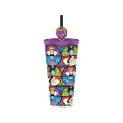 Disney Stained Glass Villain Pattern Glitter  24oz Plastic Cold Cup w/ Lid and Topper Straw – 12 pc ppk ($7.00 each)