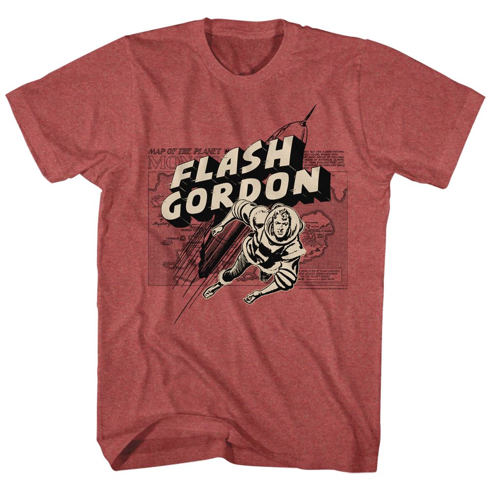 FLASH GORDON-MAP/ROCKET/FLASH-RED HEATHER ADULT S/S TSHIRT