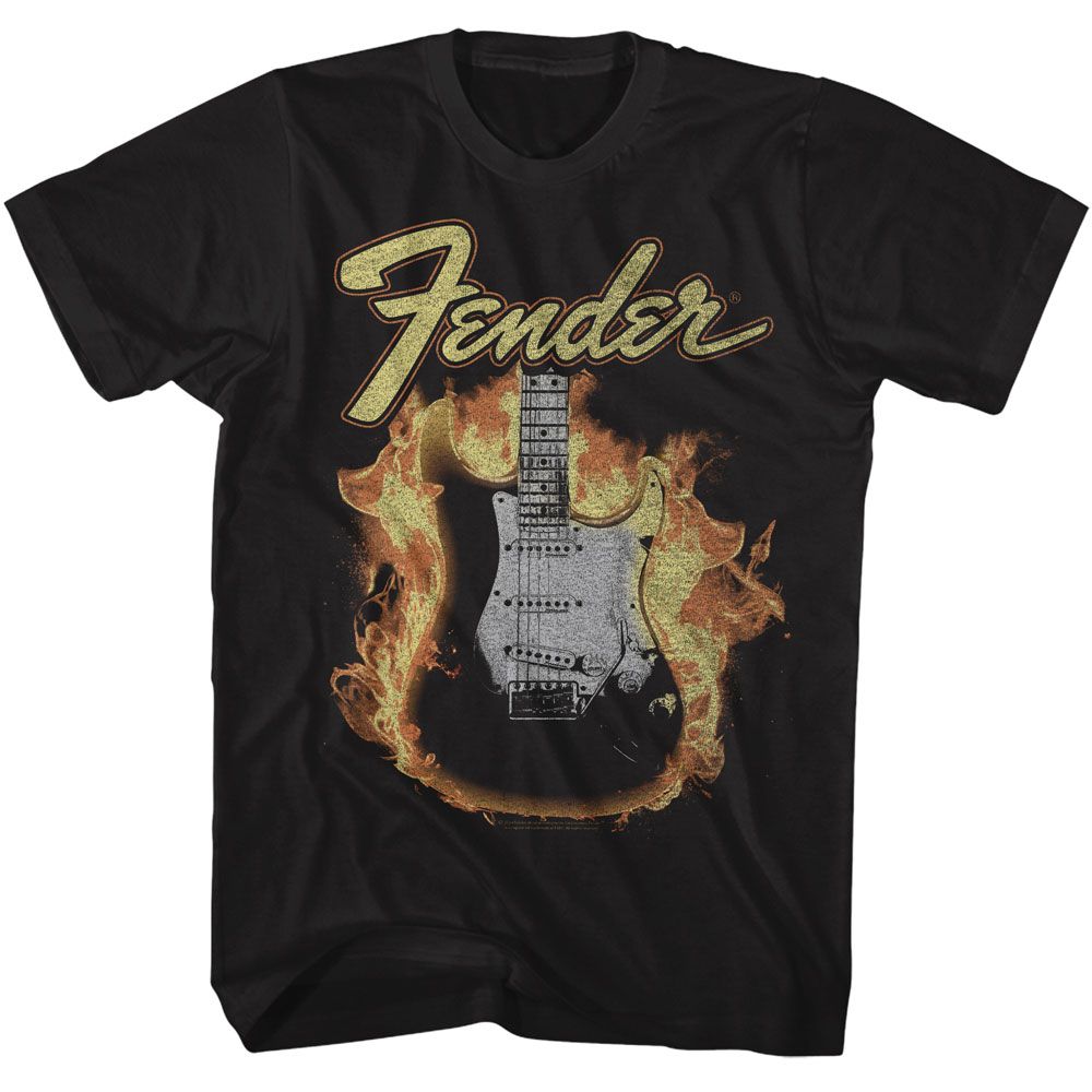 FENDER-FENDER FLAME GUITAR-BLACK ADULT S/S TSHIRT